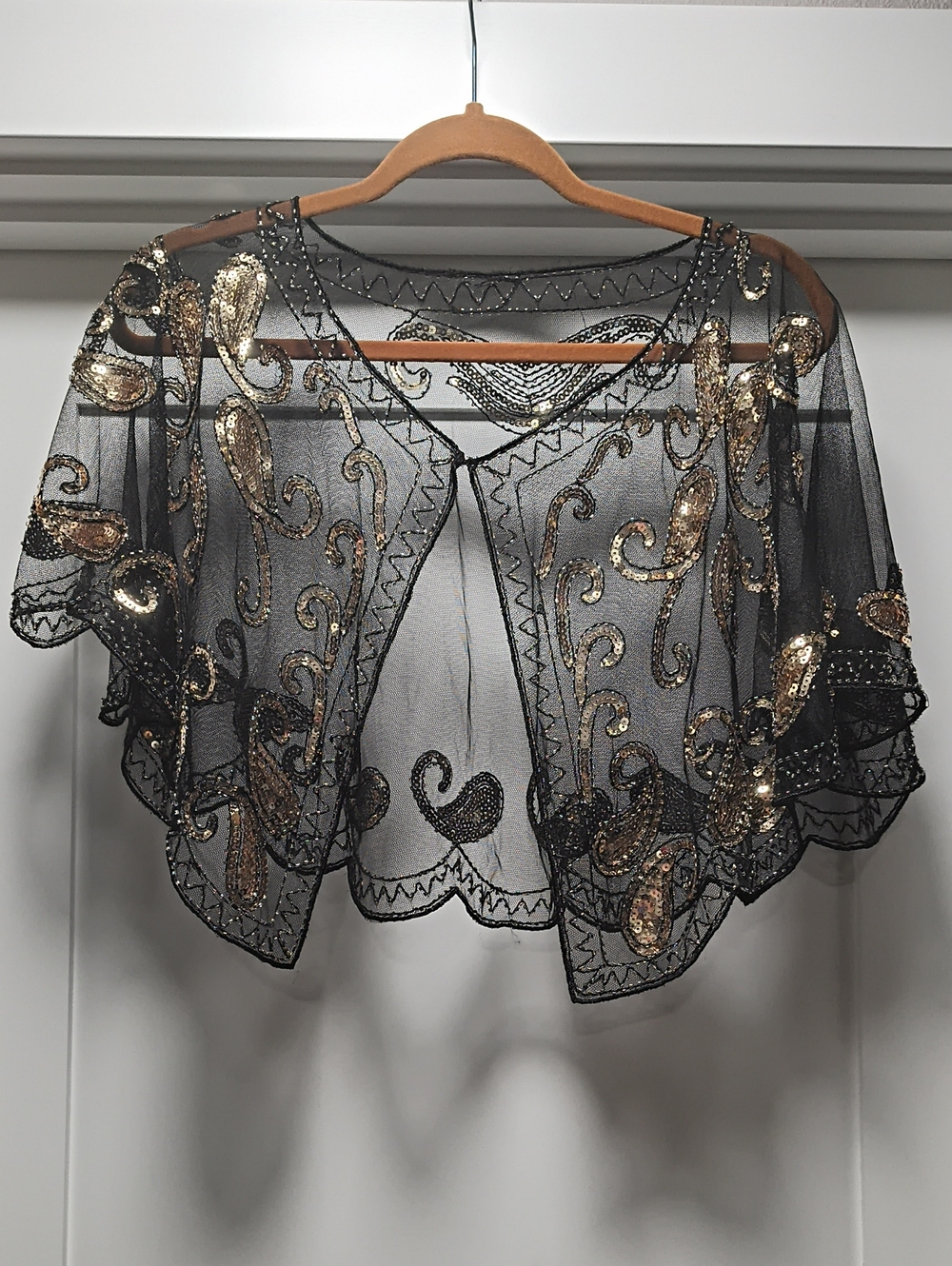 Black Sheer Sequined Capelet Tunic with Gold Embellishment